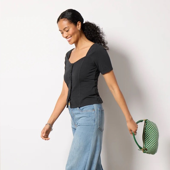 Nation LTD Marcella Button Front Sweetheart Neckline Short Sleeve Top in Black - Picture 7 of 13